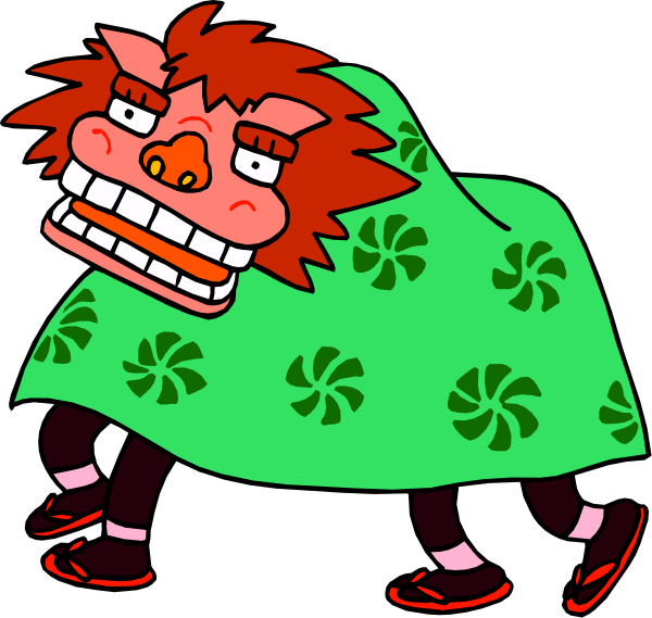 The image shows two cartoon characters: a red creature with horns wearing an oversized green blanket adorned with white clover patterns; it appears to be walking on all fours while looking back over its shoulder, and another character that looks like a humanoid figure in black pants standing next to the first.