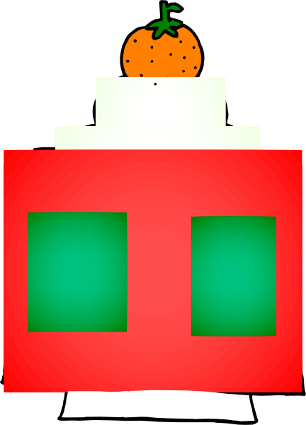 The image shows a cartoon of an orange with eyes on top sitting next to what appears to be a cake decorated like a Christmas tree in red and green stripes.