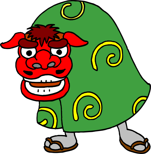 The image shows a cartoon of an anthropomorphic dog character with red fur wearing sunglasses standing next to another similar-looking but smaller version in front of it; both characters have green clothing adorned with yellow swirls and appear surprised, as indicated by their wide eyes and open mouth.