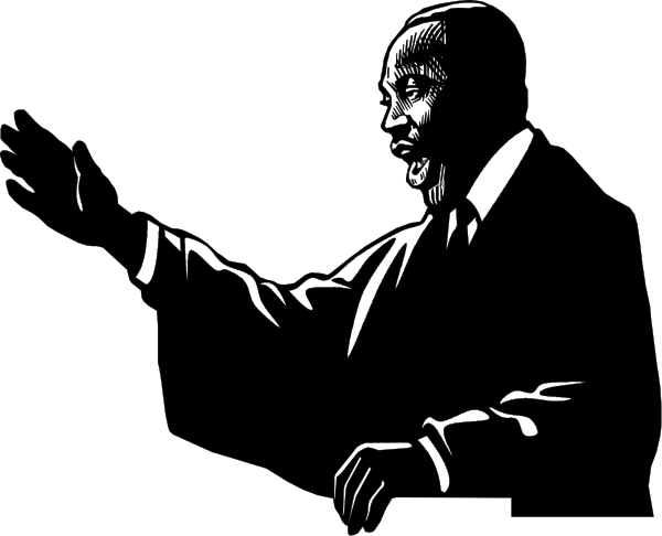 The black and white illustration shows a man sitting at a desk with his hands clasped together on top of it; he is looking downward to his right side where another figure appears to be standing behind him, but only their backside can be seen in this image.