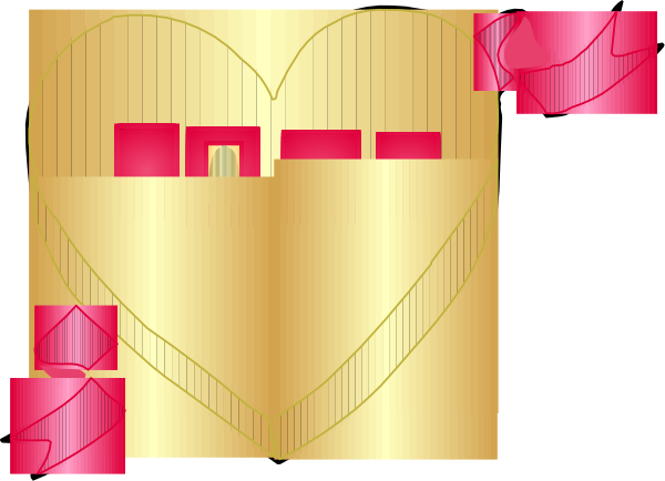 The image shows a heart shape with an open book inside it on top of what appears to be a pink surface against a dark background.