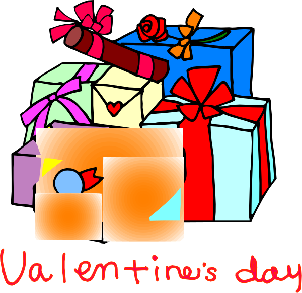 The image shows a collection of colorful gift boxes with ribbons tied around them on top against a black background; there is also an orange present in front labeled "Valentine's Day."