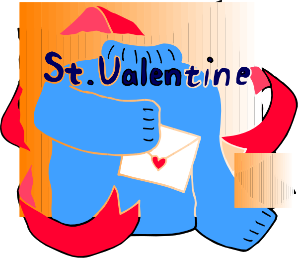 The image shows a cartoon of an elephant holding up its trunk to reveal a heart inside it with text that reads "St Valentine" above it.