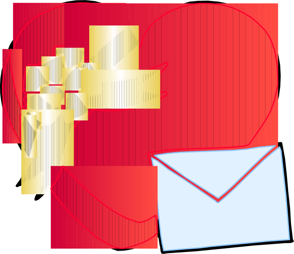 The image shows a collage of various elements including an envelope with red heart design on it, gift boxes wrapped in gold paper, hearts that resemble candy wrappers, and what appears to be a digital glitch effect causing distortion around these items.
