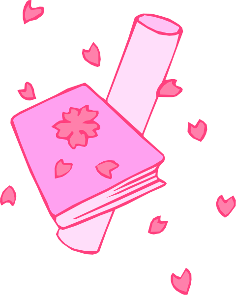 The image shows a pink book with hearts falling from it next to an open umbrella on what appears to be a dark background.