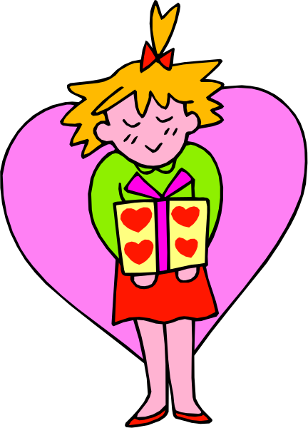 The image shows a cartoon of an animated girl holding two hearts with red borders inside them while standing against a black background; she is wearing a green top and has blonde hair tied in pigtails adorned with pink bows, along with her eyes closed as if dreaming or lost in thought.