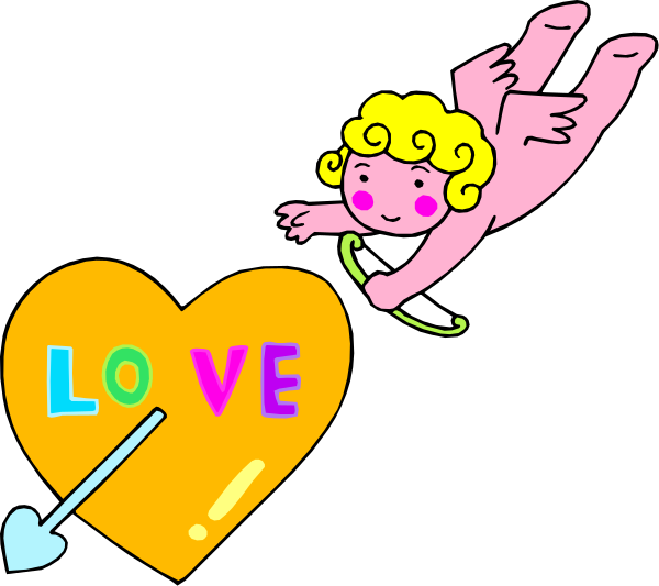 The image shows a cartoon of an angel flying with two hearts that have "love" written on them; there is also text at bottom right reading "Love."