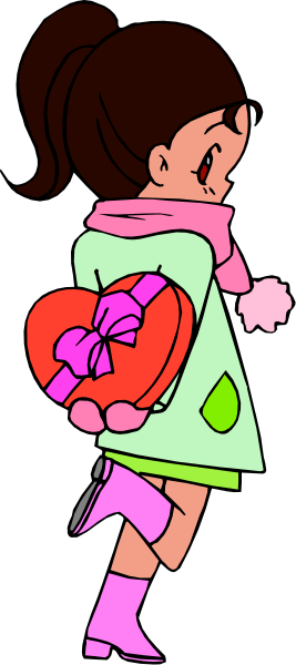 The image shows a cartoon of an animated girl holding a heart with her right hand while standing against a black background; she is wearing pink boots and has brown hair tied in pigtails.