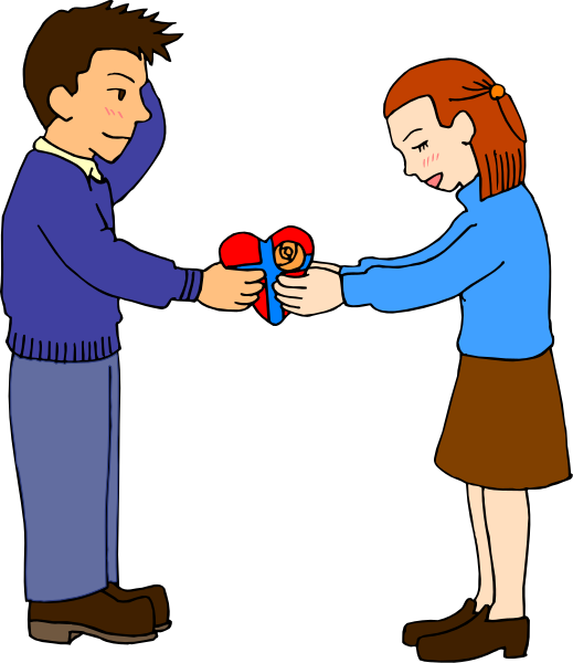 The illustration shows a man holding out an award to a woman who appears surprised by it; both characters have distinct facial expressions that convey their emotions at this moment of exchange.