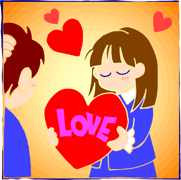 The image shows a sequence of three panels: In panel 1, there is an adult holding up two fingers to their eyes as if looking through binoculars; in panel 2, another person with brown hair and glasses holds out a red heart towards them while saying "love"; in the third panel, they are hugging each other. The setting appears to be indoors during daylight hours. There is no text present on any of these panels.