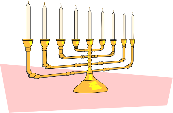The image shows a traditional Hanukkah menorah with seven lit candles on top of what appears to be an altar-like structure in front of it.