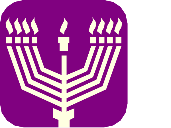 The image shows two square icon representations of a Star of David with candles on either side against purple backgrounds; these icons appear to be part of an app interface design for Jewish holidays such as Hanukkah and Passover, indicated by their respective symbols within each star shape: the menorah in one case (Hanukkah) and a lamb shank bone with blood on it (Passover). The style is graphic and simplistic.