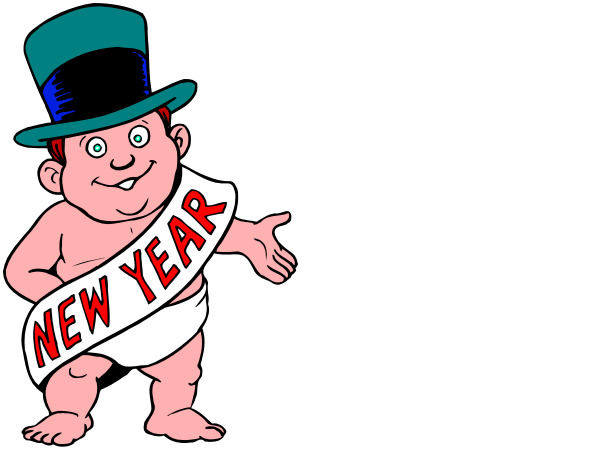 The image shows two cartoon characters standing side by side with a black background; on their heads rest top hats labeled "new year" in red text against white banners.