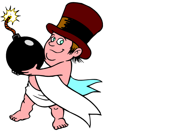 The cartoon shows a baby with an exaggeratedly large head wearing a top hat standing next to two small explosions on either side of it; there is no text present in this image.