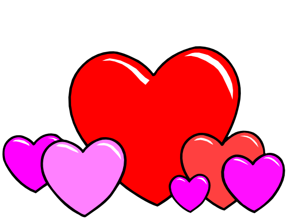 The image shows a graphic of red hearts with pink outlines floating around each other against a black background.