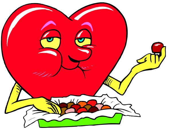 The illustration shows two anthropomorphic heart characters with faces; on the left is a red heart character holding out an empty bowl to another cartoonish heart that appears full of candy hearts in its hand, suggesting it's offering some for sharing.
