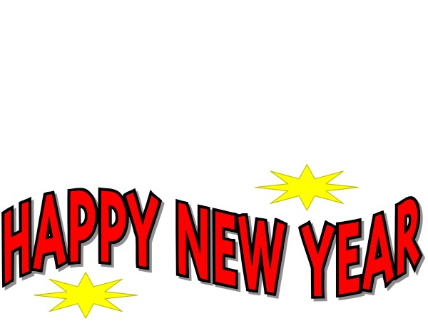 The image shows a black background with white text that reads "Happy New Year" along its bottom edge. Above this message is an animated sequence of three stars in yellow against a darker grey backdrop; each star has red and blue sparkles emanating from it, suggesting movement or celebration.