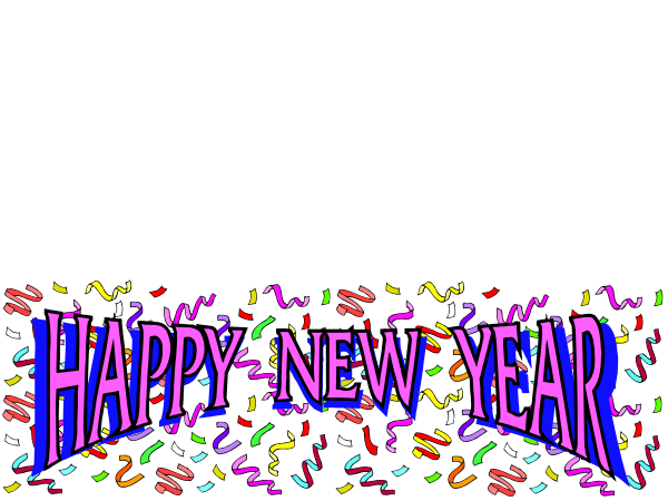 The image shows a digital greeting card with confetti at bottom that says "Happy New Year" along with colorful sprinkles of what appears to be party streamers in various shapes like hearts and stars, set against a dark background.
