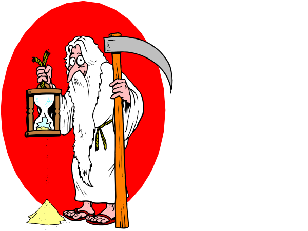 The cartoon shows two panels with a bearded man holding an hourglass; he is depicted as being old-fashioned in both images. In one panel, he has white hair and appears to have just finished shaving his beard off due to age or time running out (as indicated by the empty hourglass). The other image shows him looking younger with a fuller beard but still holding an hourglass that is now filled up again.