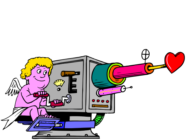 The image shows a cartoon of an animated character shooting at another figure with a heart above its head while sitting on top of what appears to be a computer tower in front of which is a keyboard labeled "love."