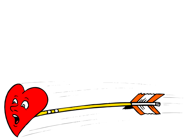 The black and white cartoon shows a heart being hit by an arrow with two wings on either side of it; there is no text present in this image.
