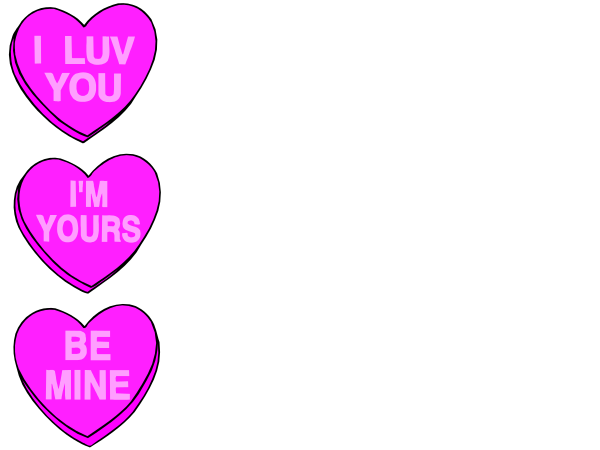 The image shows a black background with four pink heart stickers arranged diagonally from top left to bottom right. Each sticker has text on it: "I love you", "Yours forever", "Be mine" and "Your's".