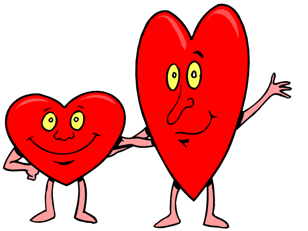 The image shows three cartoon hearts with faces drawn on them standing upright against a black background; each heart has different facial expressions: one is smiling broadly, another looks surprised, while the third appears to be waving goodbye from behind two other hearts that seem unaware of its presence.