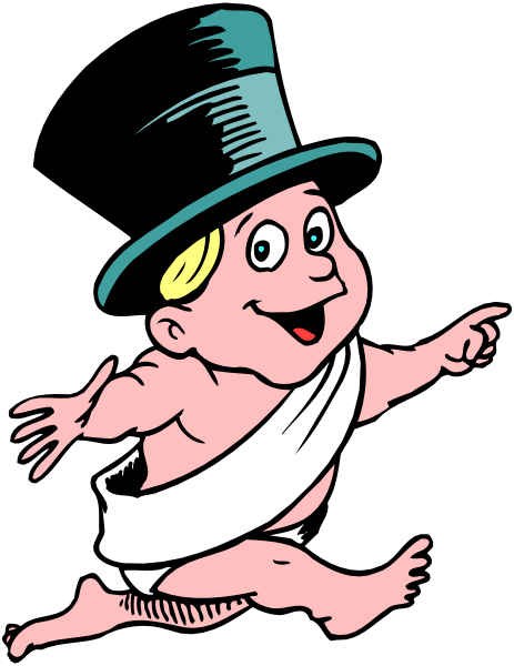 The illustration depicts a baby with an exaggeratedly large head wearing a top hat running to its right while looking back over his shoulder at something off-frame.