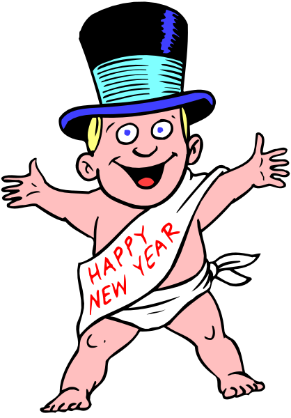The illustration shows a baby with an exaggeratedly happy expression wearing a top hat standing on its toes against a black background; it has one arm raised in greeting while holding up another hand to wave.