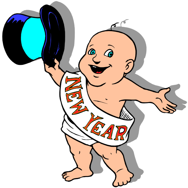 The image features a baby dressed as New Year's Baby with its arms outstretched against a white background.
