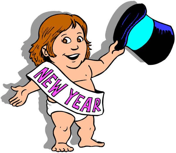 The illustration features a cartoon baby with red hair holding up an award labeled "New Year" while standing next to another figure that appears to be in mid-dance pose wearing a top hat.