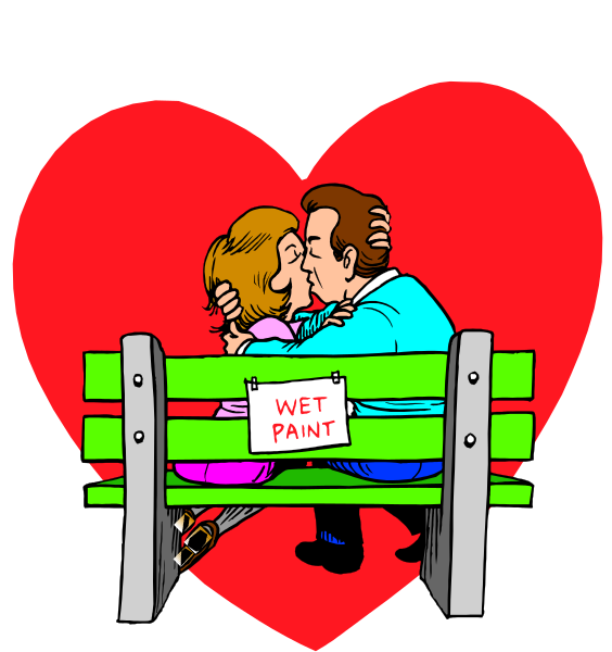 The illustration depicts a couple sitting on a bench with their arms around each other; there is text that reads "WET PAINT" in front of them indicating caution for passersby to avoid touching it, and above them hangs an upside-down heart shape against the sky background.