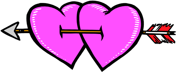 The image shows a black banner with three pink hearts on it; two of them have arrows through their centers pointing in opposite directions while one has an arrow coming out from its center towards another heart that is outside the frame, suggesting love and affection between multiple people or entities.