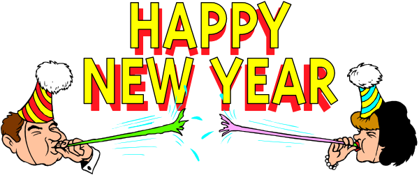 The image shows a cartoon of two party hats with confetti flying around them against a black background; there is text that reads "Happy New Year" in yellow letters at top center, flanked by colorful streamers and fireworks on either side.