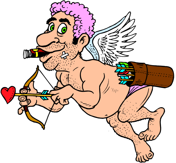 The cartoon depicts a man with wings on his back holding an arrow quiver full of arrows while sitting atop another figure that appears to be in distress; there is no text present within this image, and it's not possible for me to provide any additional details based solely on the visual content.