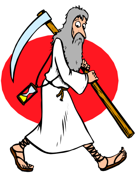 The cartoon depicts a bearded man with long hair dressed as Jesus Christ carrying an axe on his shoulder while walking towards something in front of him that is out of frame.
