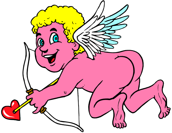 The cartoon depicts a cherub with wings holding an arrow that has pierced through its heart; it is surrounded by hearts in various sizes around itself.