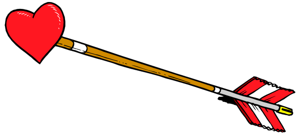 The image shows a black arrow with an archery target at its end flying through space towards two hearts that resemble targets as well; there is no text present in this clip-art illustration.