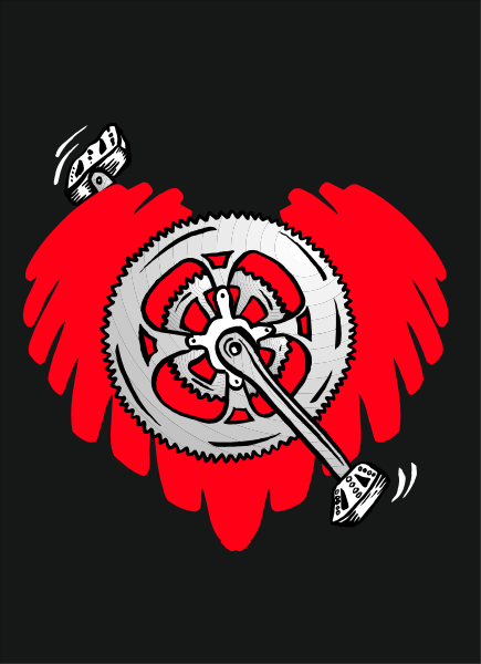 The image shows a black background with an illustration of two gears overlapping each other at their center forming a heart shape in red coloring. To the right side is a small bird-like creature that appears to be flying towards these interlocking gears, and it has wings spread out as if fluttering or landing on them. The style suggests this could represent an emblematic symbol for something related to mechanics, love of machinery, aviation, or perhaps the concept of "love at first sight" with a mechanical heart.