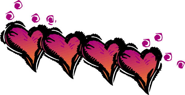 The image shows a row of pink hearts with purple outlines against a black background.