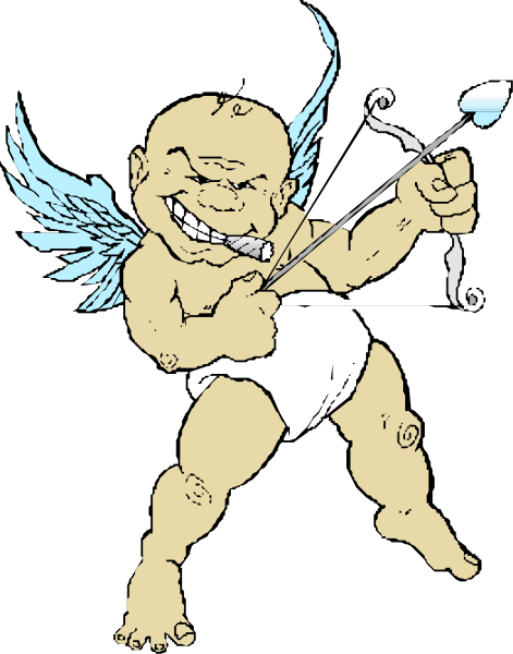 The cartoon depicts a baby with wings playing an instrument while holding what appears to be a flagpole.