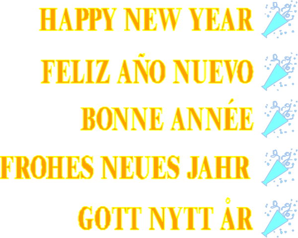 The image displays a festive greeting with text that says "Happy New Year" followed by phrases such as "Feliz año nuevo," which is Spanish for Happy new year; "Bonnie année," French for Goodyear; and other wishes in different languages, along with the phrase "God bless you." The background of the image features a blurred photo that appears to be taken from inside an indoor space.