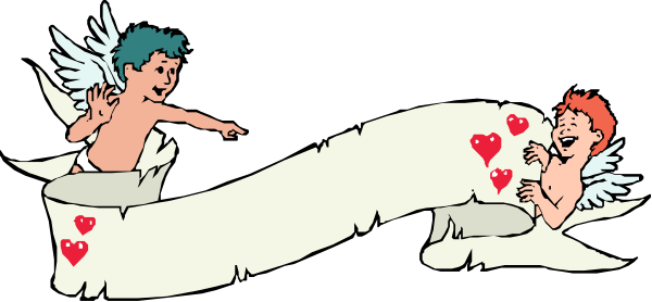 The image shows two cartoon angels playing a card game with hearts on them while lying down; there is no text present in this clip-art illustration.