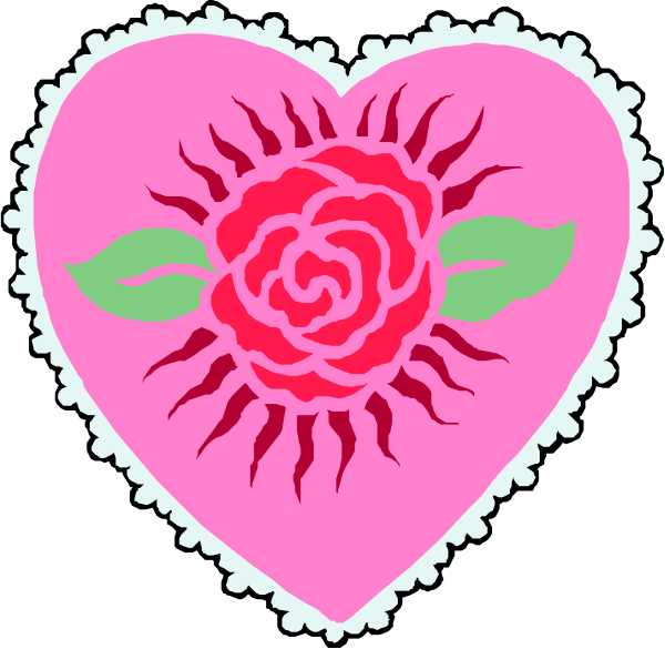 The image shows a pink heart with an embroidered rose design inside it on top of what appears to be black fabric background.