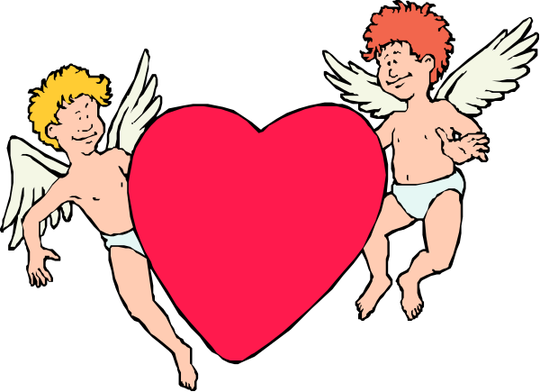 The image shows two cartoon angels holding a heart with wings on either side of them against a black background.