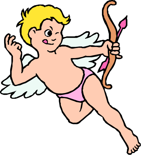 The image shows a cartoon of an angel holding two arrows with wings spread out behind it.