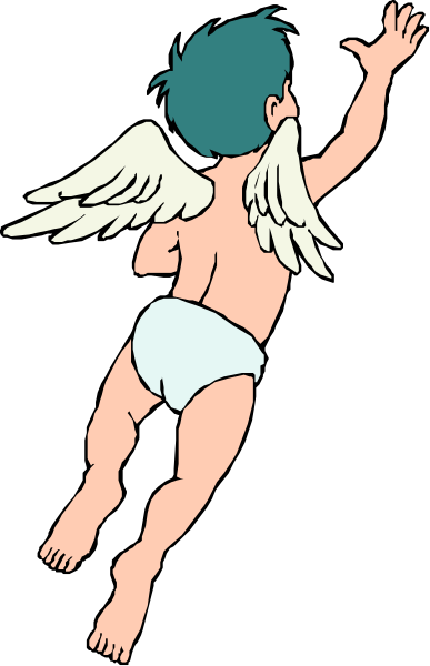 The image shows a cartoon of an angel with wings flying over a baby lying on its back.