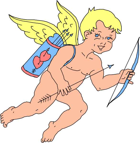 The image shows a cartoon of an angel holding two arrows with hearts on them flying towards each other while standing against a black background.