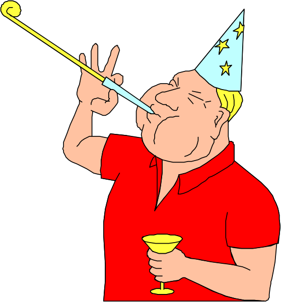 The cartoon shows a man wearing a red shirt blowing out candles on his birthday cake while holding up three fingers to represent "three" in celebration of an event that has just occurred.