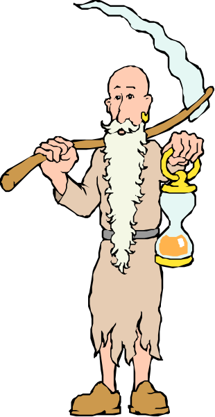 The cartoon shows a bearded man with long hair holding an hourglass; he is standing next to another figure that appears to have horns on its head and holds two staff-like objects in each hand, one of which has a flame atop it.